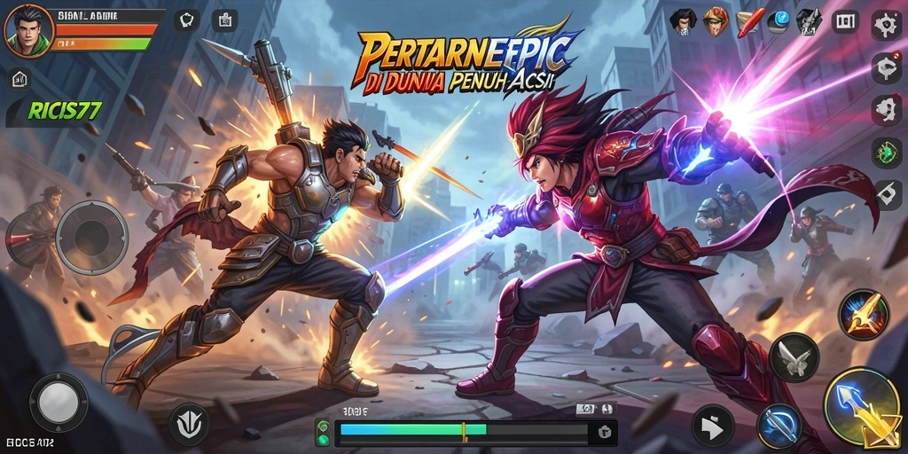 Tangkapan layar RICIS77 menampilkan pertarungan intens di arena yang penuh aksi.